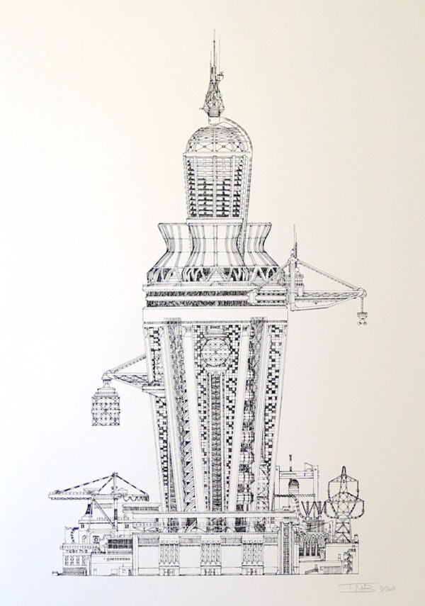 A meticulously crafted piece of line art depicting a futuristic power station, this artwork showcases an array of detailed architectural elements. The composition features towering cranes and intricate geometric patterns, all set against a stark, plain background. This artist-made creation captures the imagination with its blend of sophisticated design and visionary aesthetics.