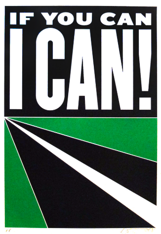 Bold text reads "IF YOU CAN I CAN!" above a black road with white lines on a green background, viewed from a low angle. This design is featured on the RUSH product.