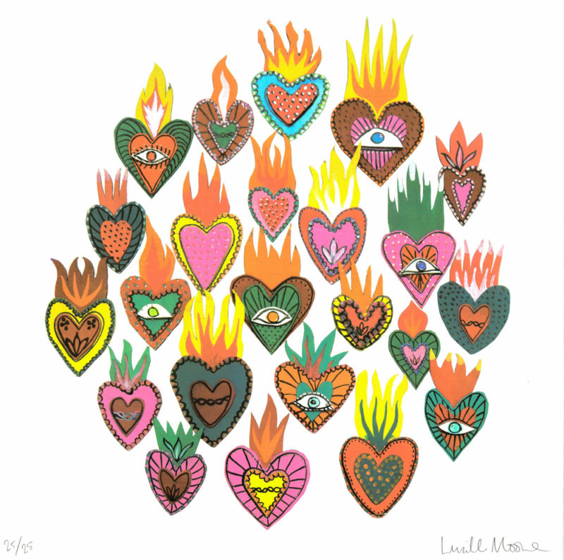 Flaming Hearts Lucille Moore Print Club London Screen Print