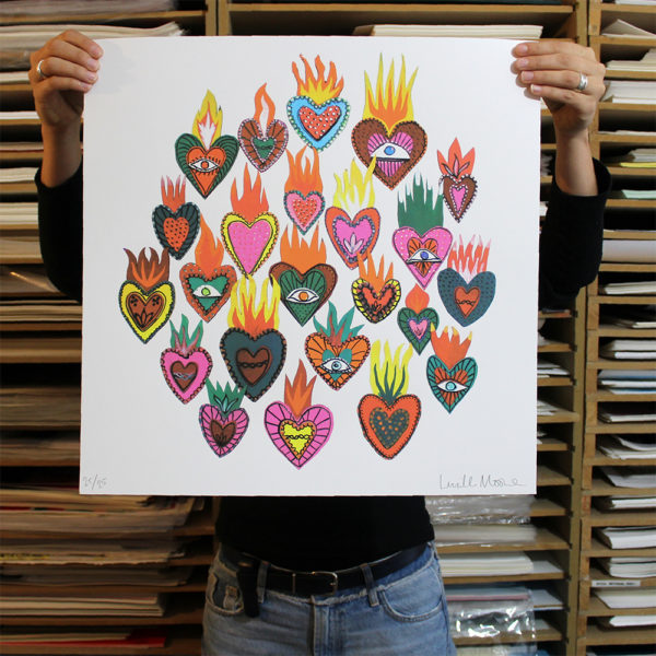 Flaming Hearts Lucille Moore Print Club London Screen Print