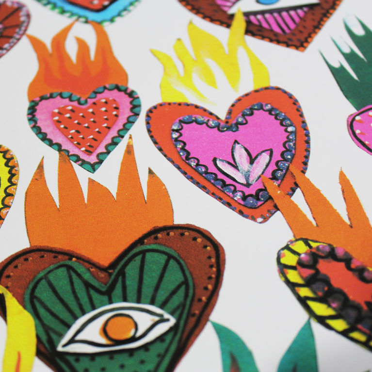 Flaming Hearts Lucille Moore Print Club London Screen Print