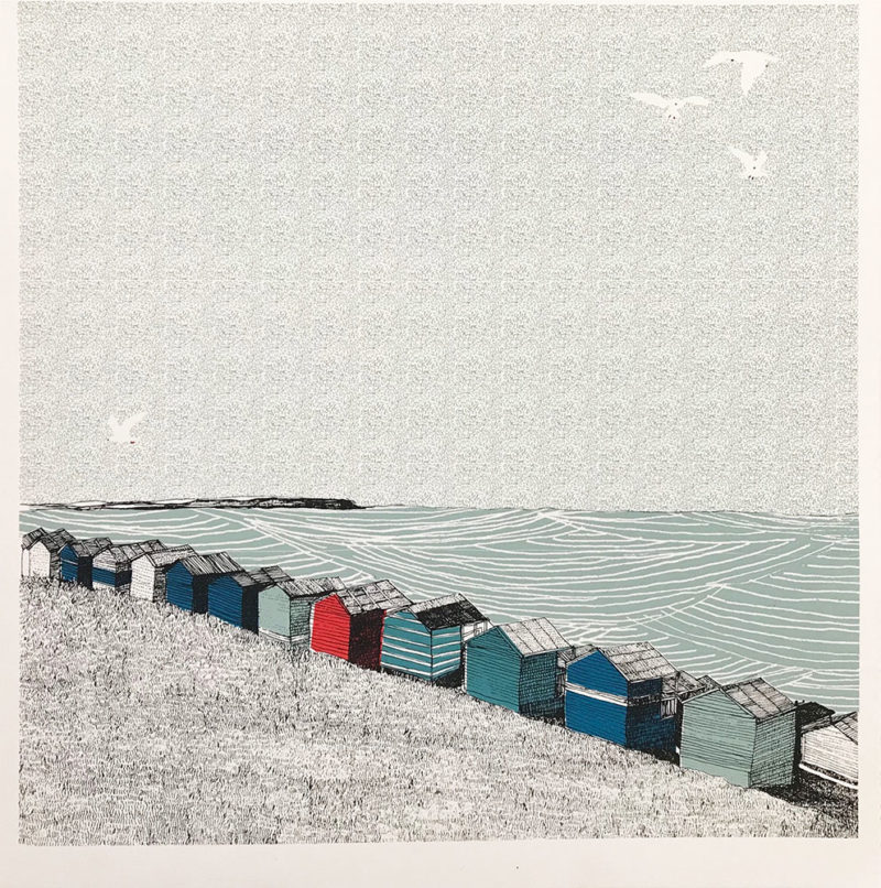 Whitstable, Sloping Beach HutsClare Halifax Print Club London Screen Print