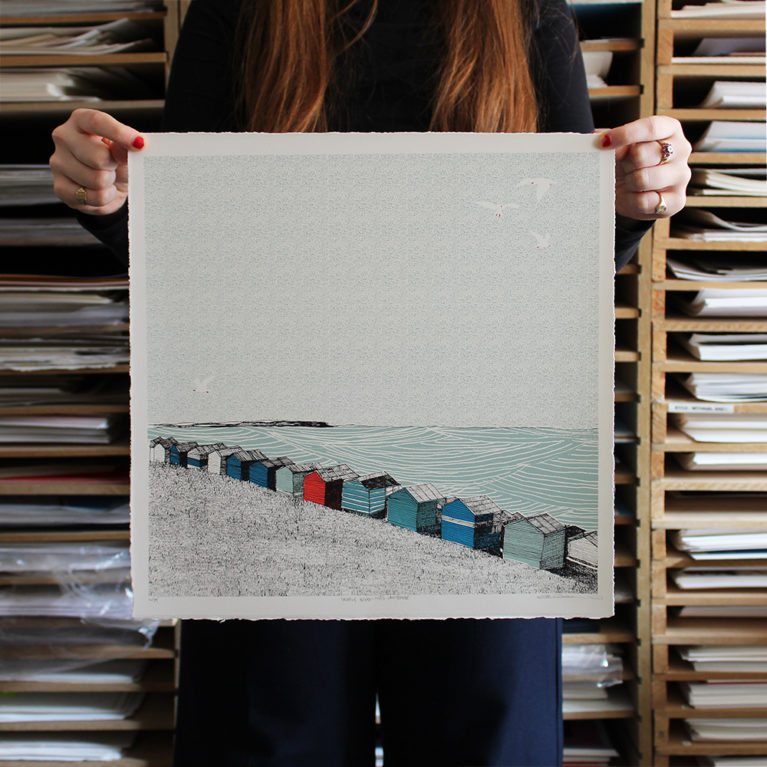 sloping Beach Huts Clare Halifax Print Club London Screen Print