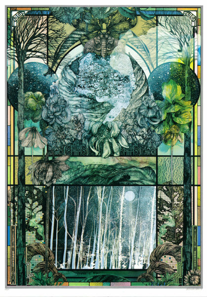 Do Not Go Gentle Into That Good Night" features stained glass-style art with botanical motifs, a central moth, vibrant flowers, and a lower panel showing a moonlit forest of bare trees beneath the night sky.