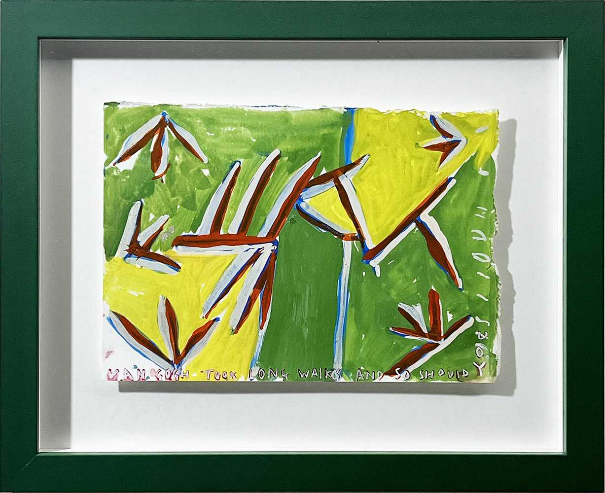 Flower Study" is a framed abstract painting featuring green, yellow, and blue sections. Brown and white leaf shapes are scattered on the surface, with small white text along the bottom edge.