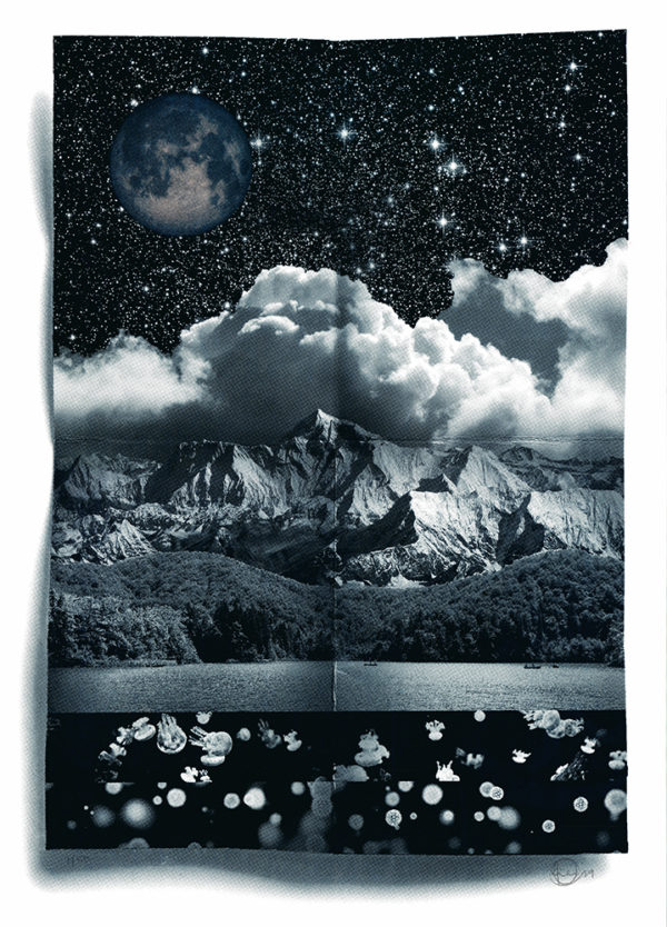 In Craig Keenan's "Beginning Of Time," one is transported to a realm where surrealism weaves its magic across a breathtaking landscape. The canvas unfolds beneath a luminous blanket of stars, each twinkling point harmonizing with the prominence of a majestic moon. Wisps of clouds drift elegantly over jagged mountain peaks that rise like ancient sentinels, guarding the forest nestled in their embrace. Below these towering elevations lies a mysterious, darkened lake, its tranquil surface intricately decorated with delicate flowers that float as if suspended in time. This artwork captivates with its dreamlike interplay between celestial and terrestrial elements, inviting viewers to explore an enchanting origin story through visionary artistry.