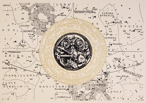 The Ricky Byrne creation is a masterful work of art, reminiscent of an antique astronomical map. It elegantly displays constellations like Bootes, Libra, and Sagittarius with a touch of artistic finesse. The centerpiece captivates with intricately crafted gears and symbols, enveloped by Latin inscriptions. This piece harmoniously blends celestial themes with the mechanical art genre to create an evocative fusion that transcends time.