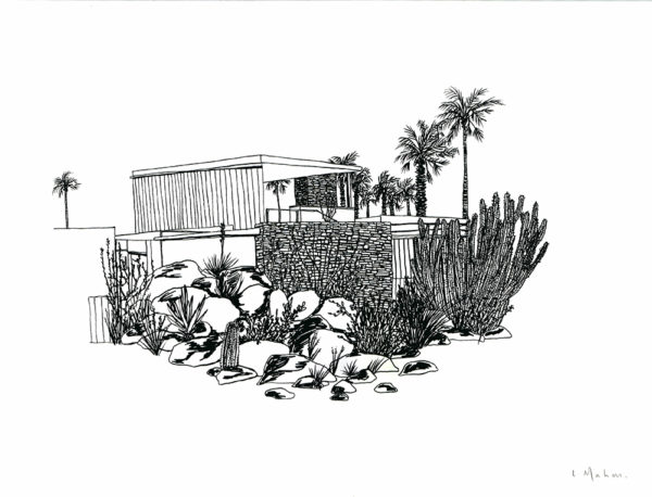 Palm Springs Dreaming" is an artful line drawing depicting a modern, geometrically-inspired house. Set against a stark white backdrop, this artist-created image embodies minimalist architectural design with its flat roof and clean lines. The scene is enriched by desert landscaping, featuring strategically placed rocks, an array of cacti, and several tall palm trees that tower gracefully around the structure. This piece captures the quintessence of contemporary art through its simplicity and focus on form and nature.
