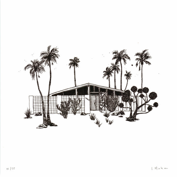 The evocative black and white illustration, "A Mid-Century Night," masterfully portrays a mid-century modern home set amidst towering palm trees and an array of desert flora. Crafted by the artist's hand, this piece beautifully captures the home's signature low-pitched roof and minimalist aesthetic, infusing it with a creative touch that amplifies its timeless architectural grace.
