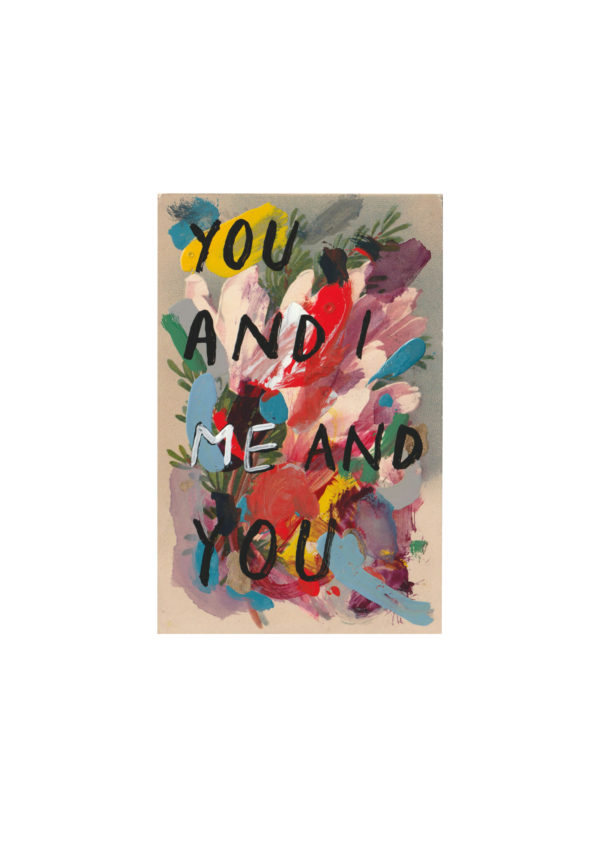 The animated abstract masterpiece titled "You and I, Me and You" captivates with its vibrant array of brushstrokes in bold reds, blues, purples, and yellows. Dominating the composition are large black letters that boldly declare "YOU AND I ME AND YOU," creating a powerful juxtaposition between the dynamic colors of the artwork and the profound simplicity of its textual message.