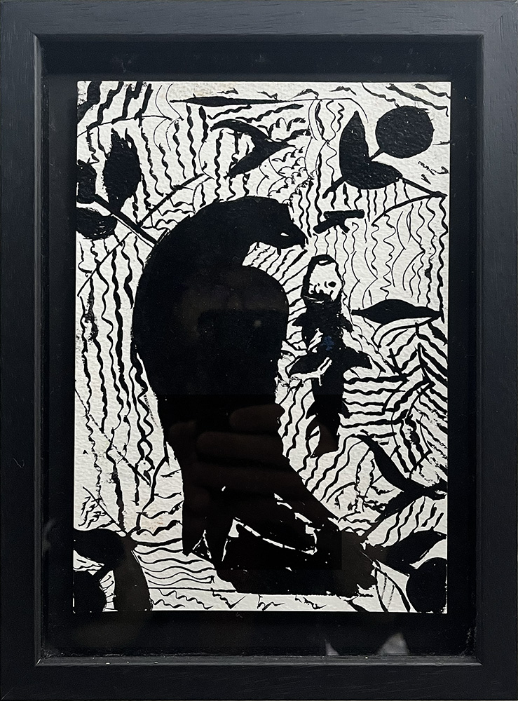 Black Bird" is a black and white artwork depicting a large bird in the foreground with abstract patterns, a human figure, leaves, and wavy lines in the background.