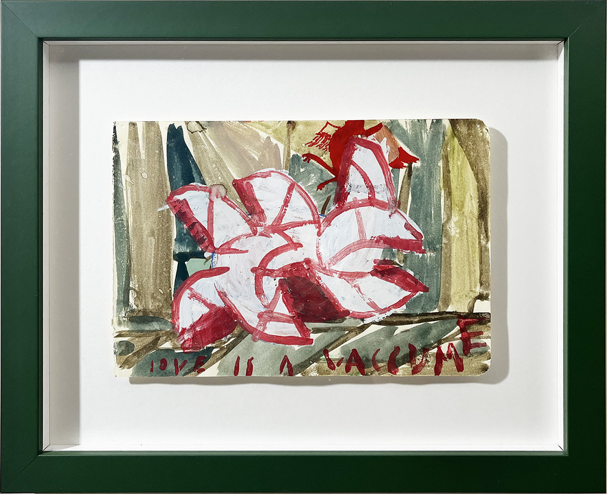 Love Is A Vacuum is a framed abstract painting featuring red and white shapes on a green and brown background, with "LOVE IS A VACUUM" in red text at the bottom.