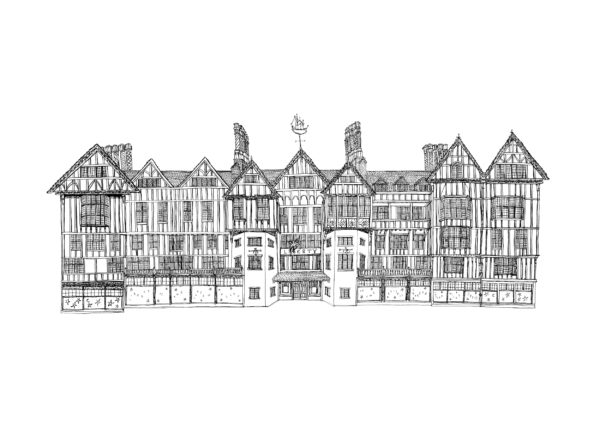 This artistic creation by Liberty London presents a black and white illustration, masterfully crafted to depict a grand Tudor-style building. The artwork captures an array of intricate details, from the prominent gables and towering chimneys to the classic timber-framed walls. Each element is meticulously rendered, highlighting both ornate architectural features and a harmonious symmetry that celebrates the elegance of Tudor design.