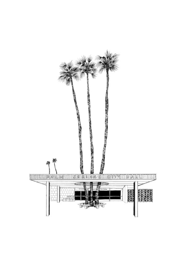 The "Palm Springs City Hall" is a minimalist black and white illustration crafted by an artist, capturing the essence of modern architecture with an artistic flair. The artwork features three towering palm trees emerging gracefully from a sleek, flat-roofed building. The structure’s expansive windows and streamlined design blend seamlessly to create a surreal composition that enchants viewers with its distinctive and captivating aesthetics.