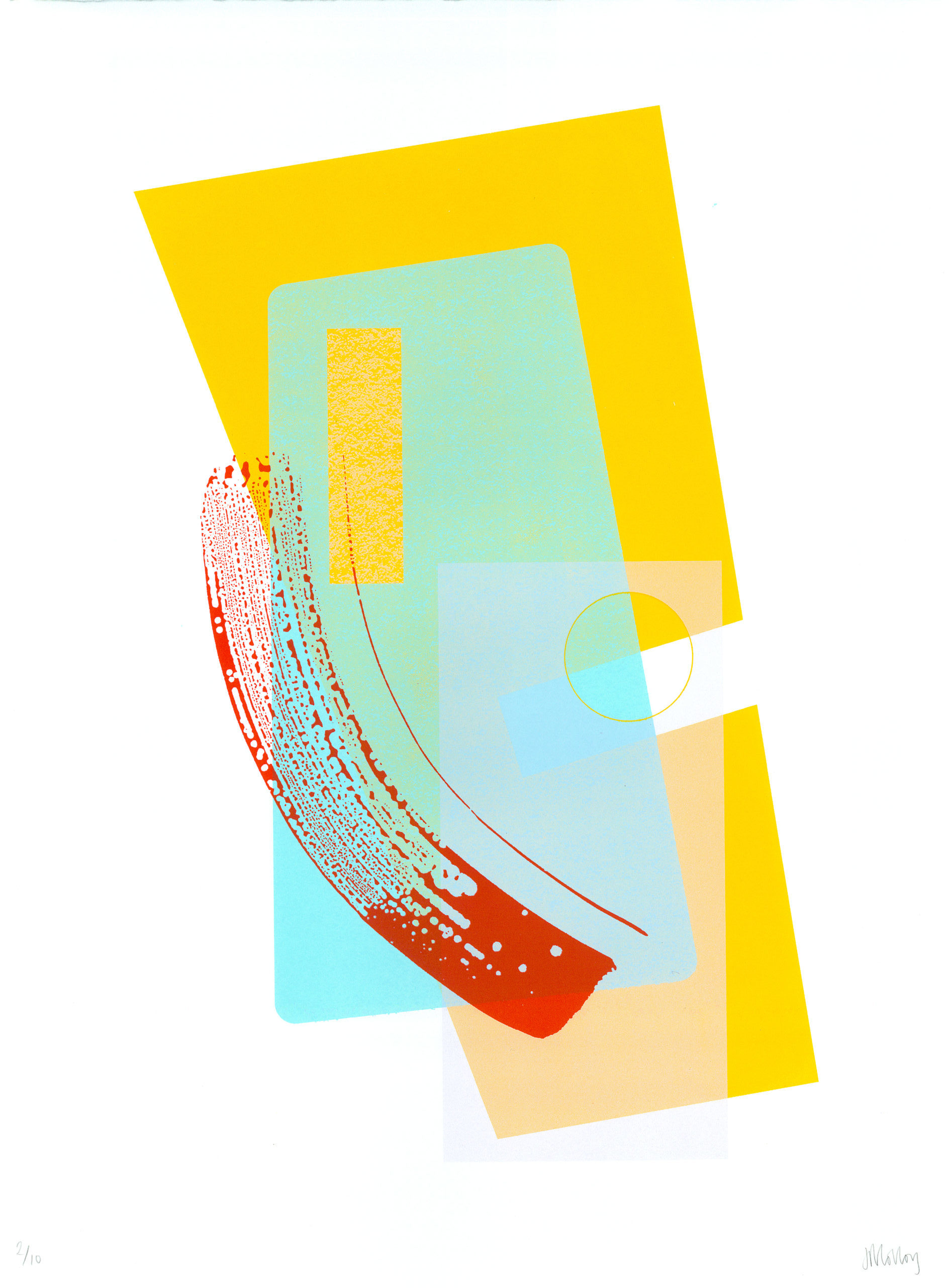 Swoosh 1," a captivating piece by the artist, vividly portrays an assemblage of overlapping geometric forms in warm yellow, blue, and orange hues. A bold red and white curved line elegantly sweeps across the canvas, injecting a vibrant energy that starkly contrasts with the structured shapes, creating an engaging visual tension within the composition.
