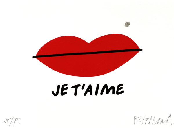 An artwork titled "Je T'aime" presents a compelling visual statement with its central feature: vivid red lips intersected by a bold black line, lending the image the intriguing effect of a smirk. Below this striking imagery, the phrase "JE T'AIME" is emblazoned in assertive black lettering, reinforcing the theme with clarity and impact. In the upper right corner, a subtle gray dot delicately punctuates and balances the composition, adding a touch of understated elegance to this captivating piece.