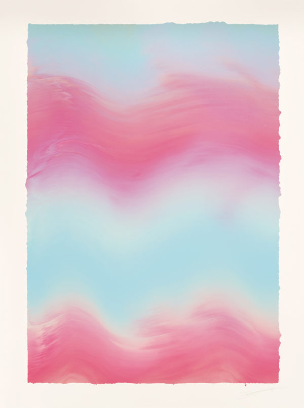 Movement 12 - Warp/Weave" is a masterfully crafted abstract piece that infuses wavy patterns with shades of pink, blue, and white. These colors subtly blend together to conjure a serene, dreamlike atmosphere. The artwork's irregular border, juxtaposed against a plain backdrop, adds an extra layer of tranquility and calmness.