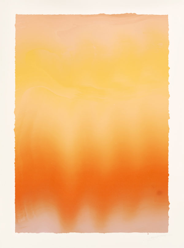 Movement 18 - Peach/Cloud is an abstract artistic creation that embodies the essence of an art movement through its use of color and form. The artwork showcases a gentle gradient of warm hues, smoothly transitioning from a luminous light yellow at the top to a rich, deep orange at the bottom. This seamless blending of colors induces a sense of tranquility and balance. The edges of the piece are characterized by a subtly uneven texture, adding an organic touch to its overall composition and enhancing its aesthetic appeal.