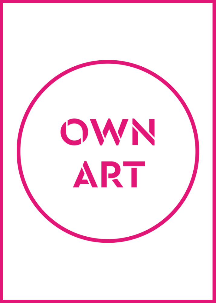 A striking piece of art features vibrant pink text boldly declaring "OWN ART" enclosed within a matching pink circle, set against a pristine white backdrop. This composition captures the enticing appeal of Interest-Free Loans, inviting creative enthusiasts to explore the possibilities of art ownership.