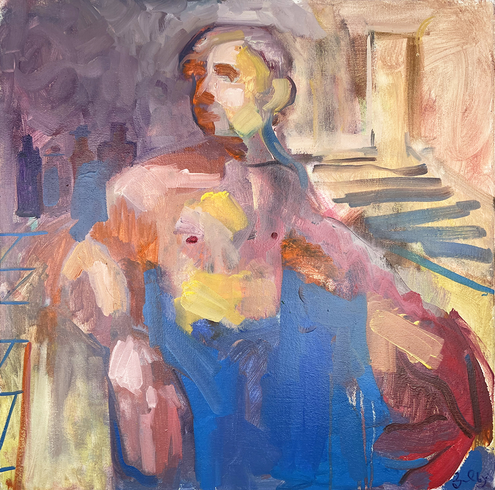 The abstract painting, "Join Me," can be described as a vibrant masterpiece of artistic expression. A seated figure is animated through bold and lively brushstrokes of blue, purple, yellow, and pink. The backdrop enriches the scene with an array of geometric shapes and bottles, weaving them into a dynamic tapestry that exudes energy and emotion.