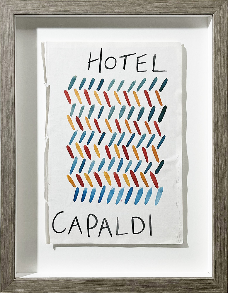 The "Hotel Capaldi - Original Artwork by Benjamin Thomas Taylor - Float Framed" features the text "HOTEL CAPALDI" above and below a grid of colourful, slanted blue, red, and yellow brushstrokes on white paper.
