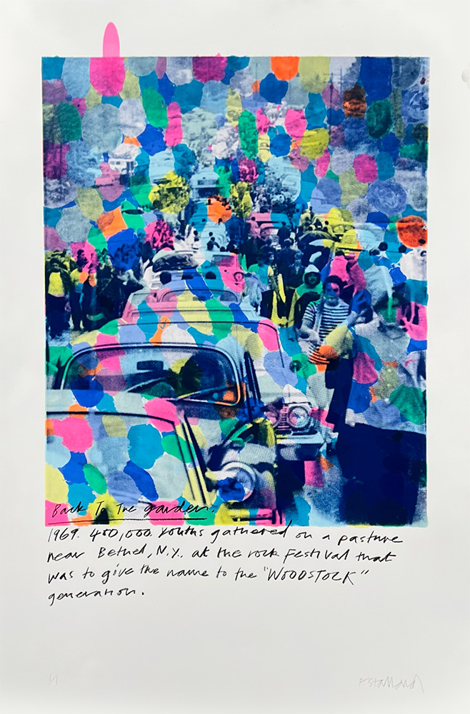 A black and white photo of a crowded street with colourful paint dots added; handwritten text below mentions Woodstock 1969.