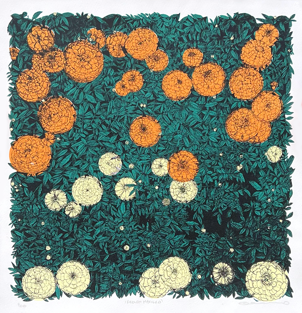 The French Marigold art piece captures the essence of marigold flowers in a stunning illustration that highlights their vibrant orange and creamy white petals. These blooms stand out against a lush tapestry of green leaves, forming a richly textured and intricate floral pattern. The artwork's vivid colors and detailed depiction render it a captivating celebration of nature's beauty.