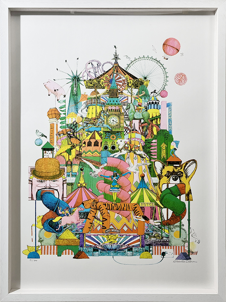 A vibrant illustration of a whimsical, bustling amusement park filled with animals, rides, structures, and balloons—all tightly arranged in a pyramid-like composition and set within a white frame—evoking the style of the *All the Fun of the Fair - CMYK Screen print*.
