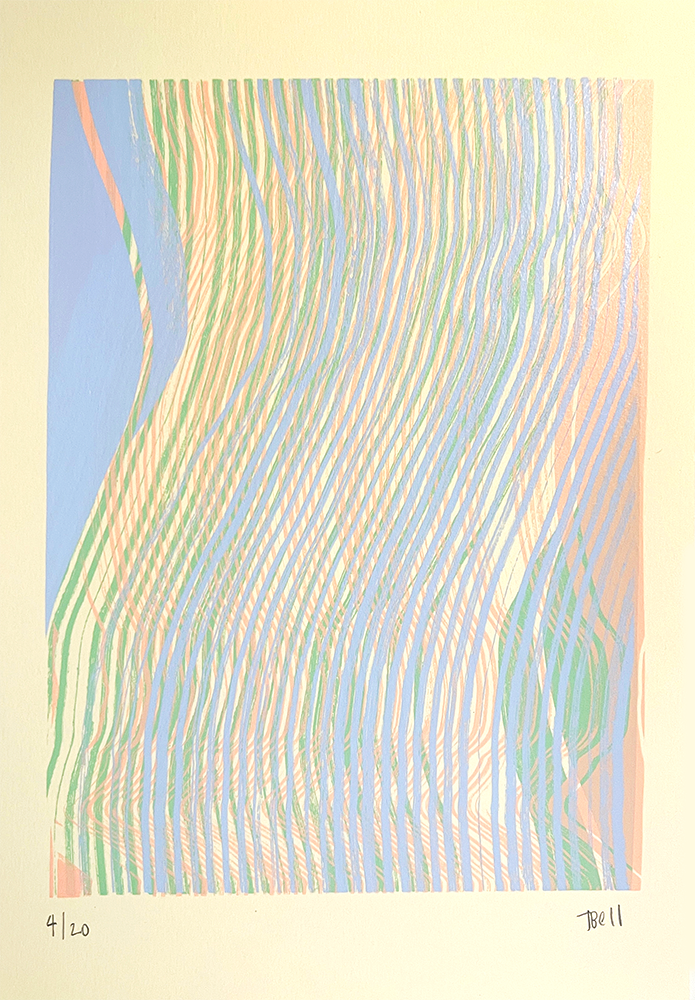 Layered Paused" is an abstract artwork with wavy, overlapping lines in pastel blue, peach, and green on a light background. Numbered 4/20 and signed “Joel11” at the bottom.