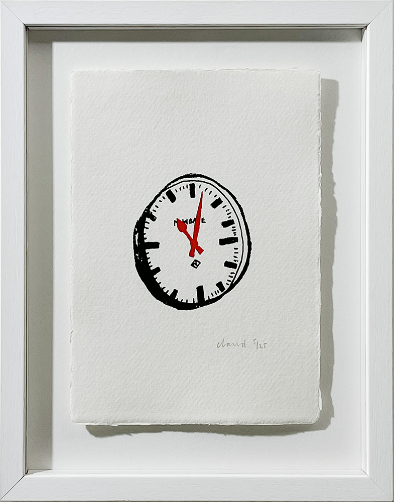 Time for Tea print in a white wood grain box frame, featuring a hand-drawn 12:00 clock with black numerals, red hands, and "cloud 7ist" signature. Get 50% off the frame.