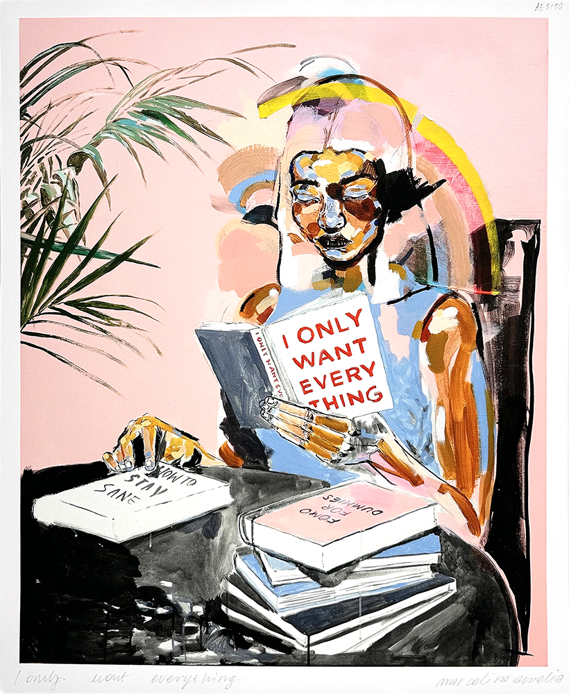A painted figure sits at a table reading "I Only Want Everything Fixx," with more books stacked nearby, all set against a pink abstract background.
