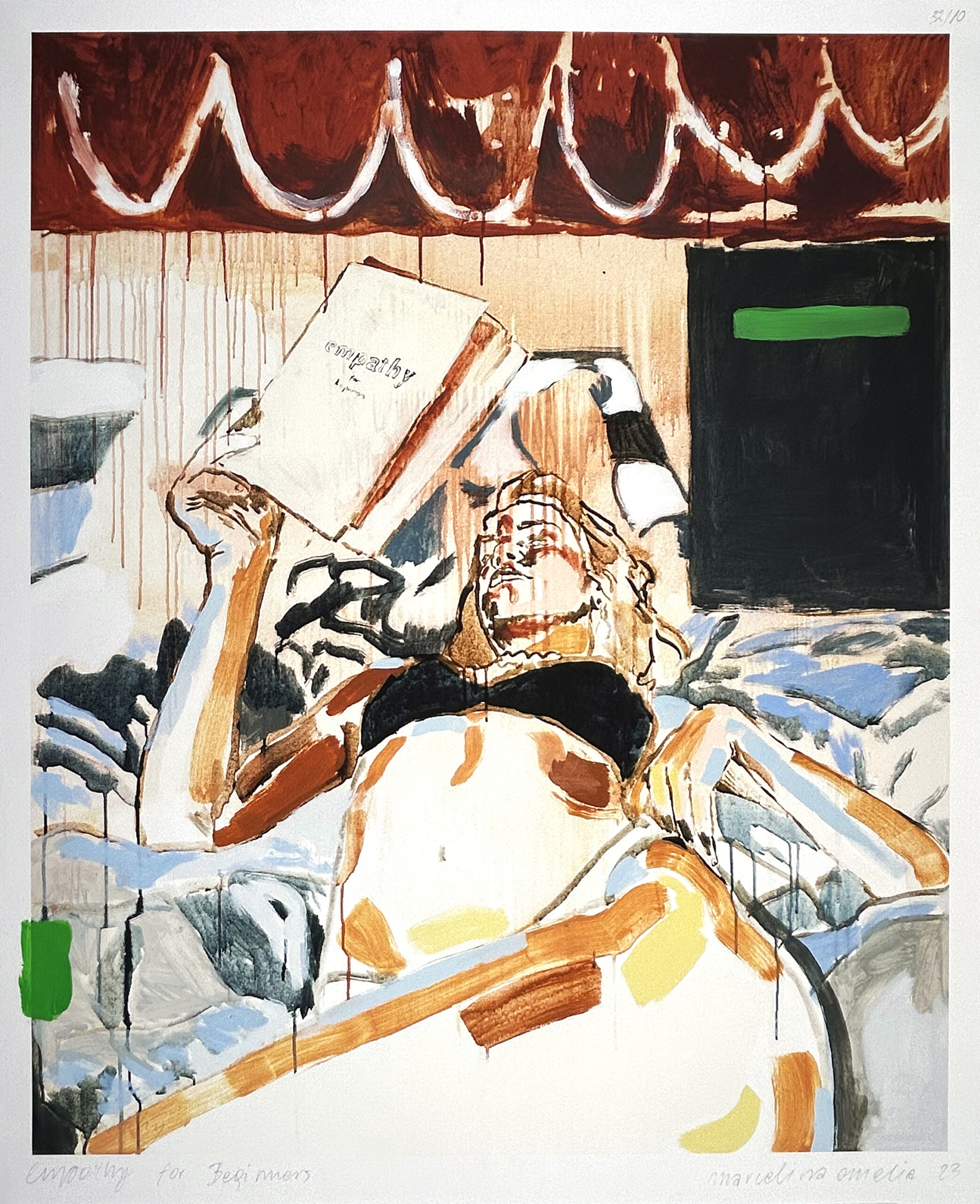 A person reclines on a bed, wearing a black bra and holding the book "Empathy for Beginners fixx" above their face, with a red canopy and abstract shapes in the background.