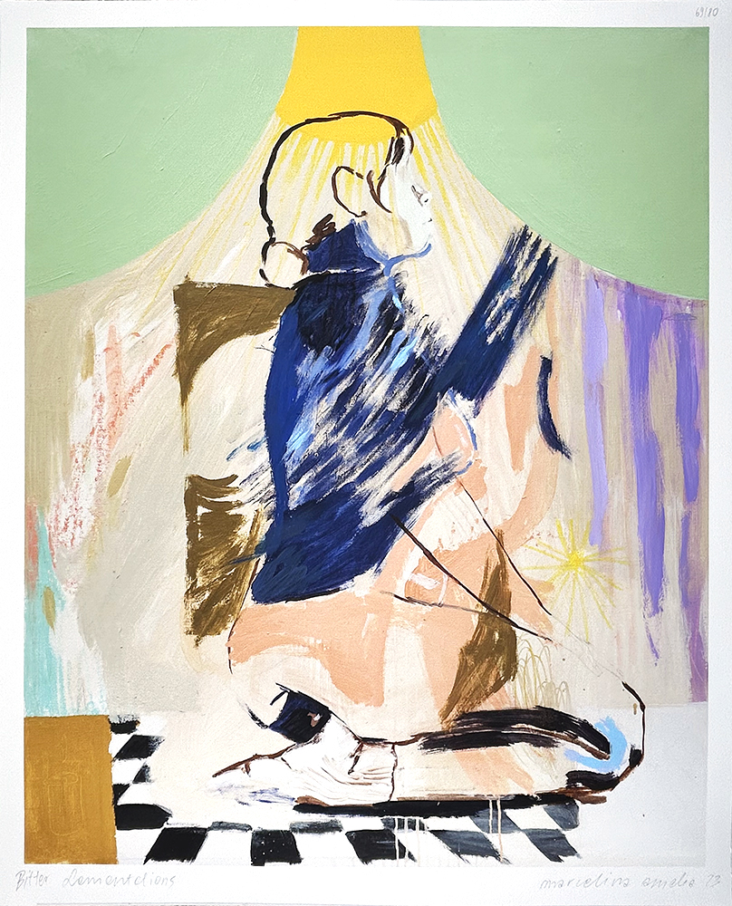 Bitter Lamentations fixx features an abstract painting of a seated person, blending light and dark brushstrokes on a vibrant background with a checkerboard floor and a radiating yellow shape overhead.