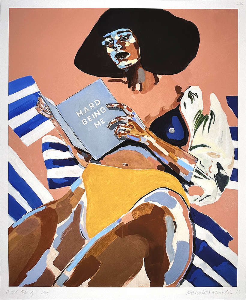 Wearing a large black hat and yellow shorts, a person sits on a striped chair reading the book "Hard Being Me" against a pink background.