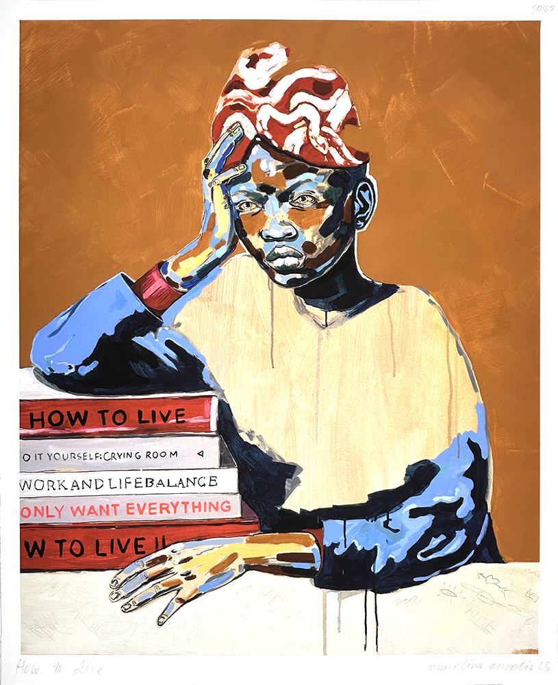 A person in a blue top and patterned head wrap rests their head on their hand beside a stack of books, including the book "How To Live," set against a brown background.