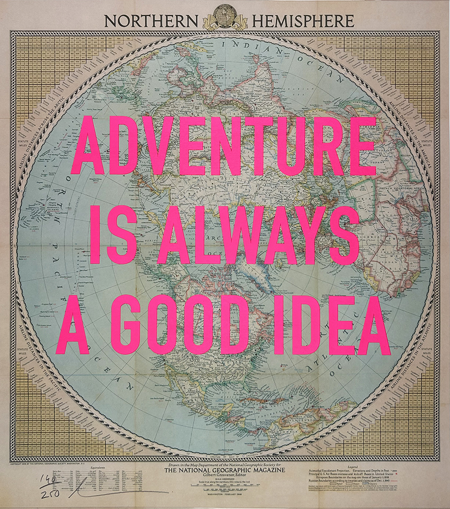 The second edition of "Adventure Is Always A Good Idea - Pink" transforms a vintage world map of the Northern Hemisphere into a compelling work of art. Bold pink letters spell out an inspiring message, merging the elegance of classic cartography with motivational fervor. This artist-crafted piece masterfully intertwines timeless aesthetics with an uplifting call to action, creating a unique fusion of art and inspiration.