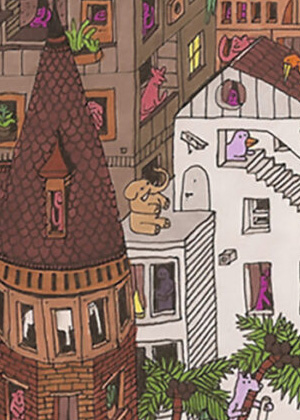 Illustration of a cityscape with various animals, including an elephant, birds, and other colourful creatures, visible on rooftops, balconies, and through windows.