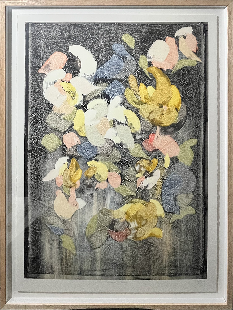 The "Permanence of Change - Mono Print" features abstract clusters of pastel shapes set against a textured dark background.