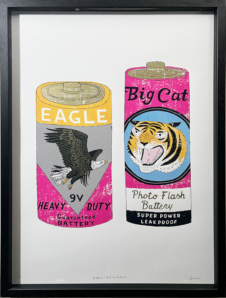 Framed artwork titled "Batteries Not Included" features two illustrated batteries: one labelled "Eagle" with an eagle, the other "Big Cat" with a tiger. Comes in a Black Box frame—enjoy 75% off the frame!.