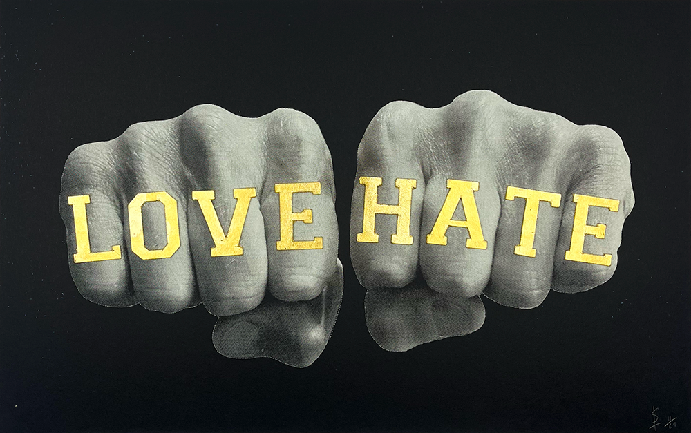 Set against a stark black backdrop, a captivating piece of art unfolds, showcasing two fists positioned side by side. Boldly inscribed across each set of knuckles in vivid yellow are the words "LOVE" and "HATE." The striking contrast underscores the eternal struggle encapsulated by this work, titled Between Love and Hate.