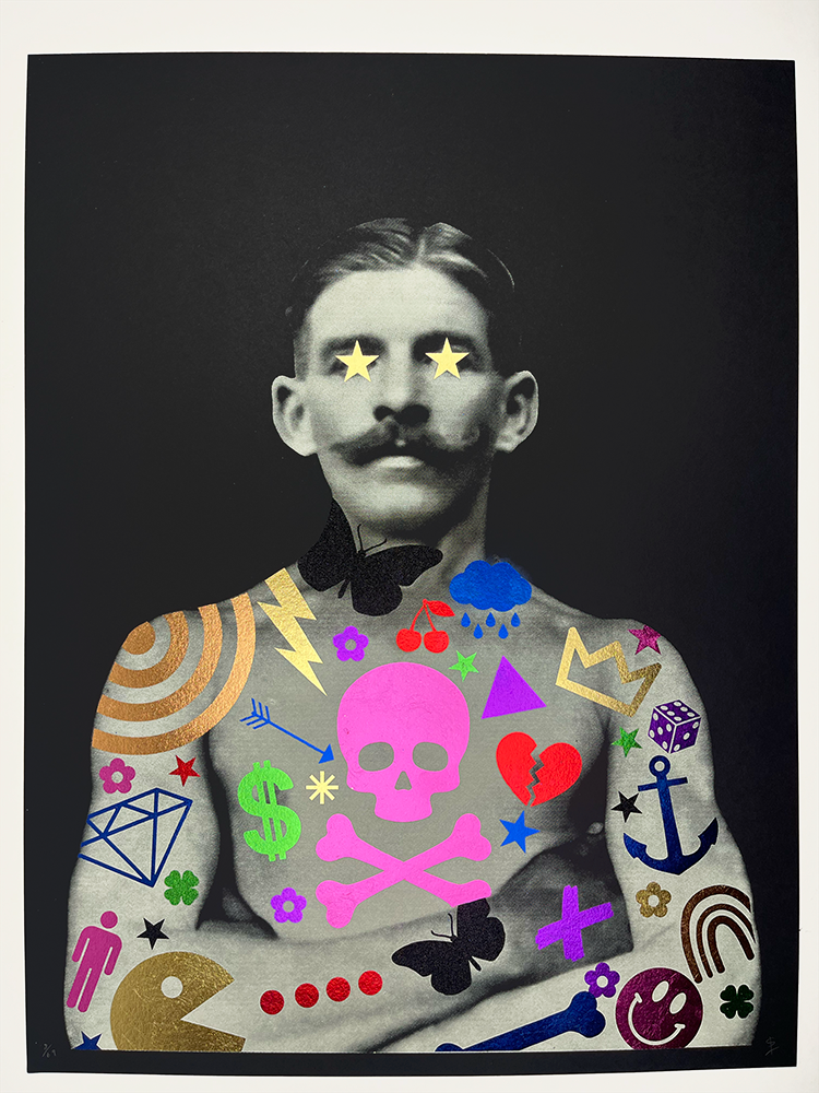 In this captivating piece of art, a black-and-white photograph delves into "The Art of Being a Man," featuring a mustachioed gentleman adorned with vibrant stickers. This striking juxtaposition is achieved through lively symbols— including a pink skull, dollar sign, heart, anchor, Pac-Man, and shimmering gold stars placed over his eyes. These playful elements inject bursts of color into his otherwise monochrome visage, creating an intriguing dialogue between tradition and modern expression.