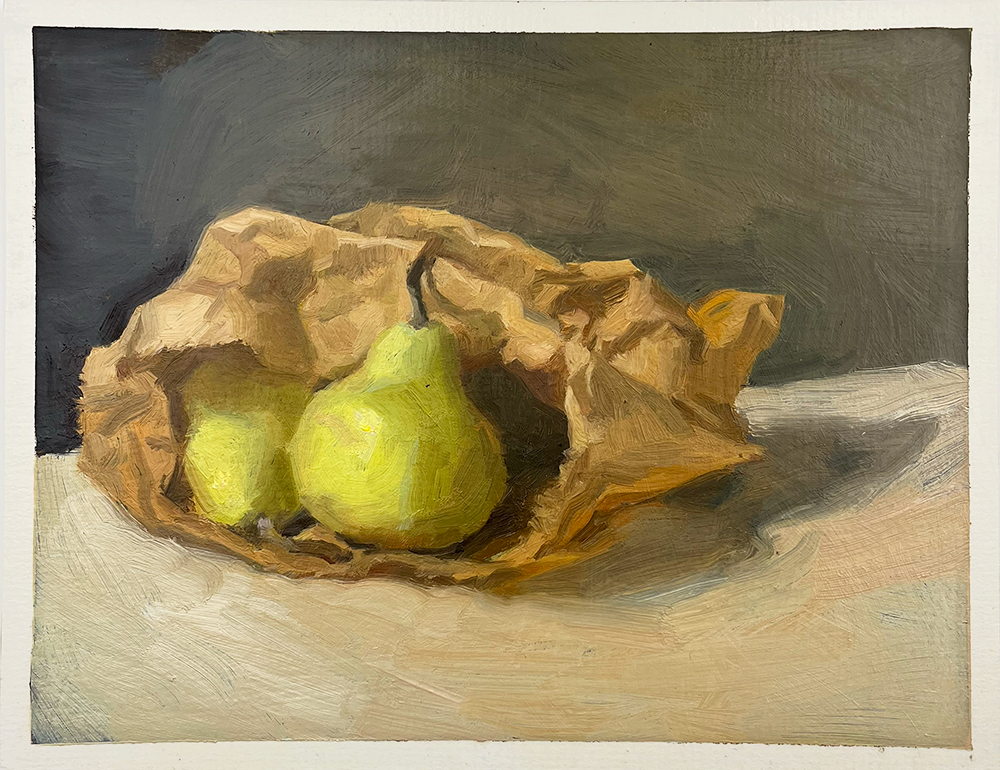 The piece titled "Pears in Brown Paper" is a captivating work of art that portrays two pears gently cradled within the folds of crumpled brown paper, set against a muted gray backdrop. This artwork masterfully emphasizes the textures and soft, organic hues of both the pears and the paper.