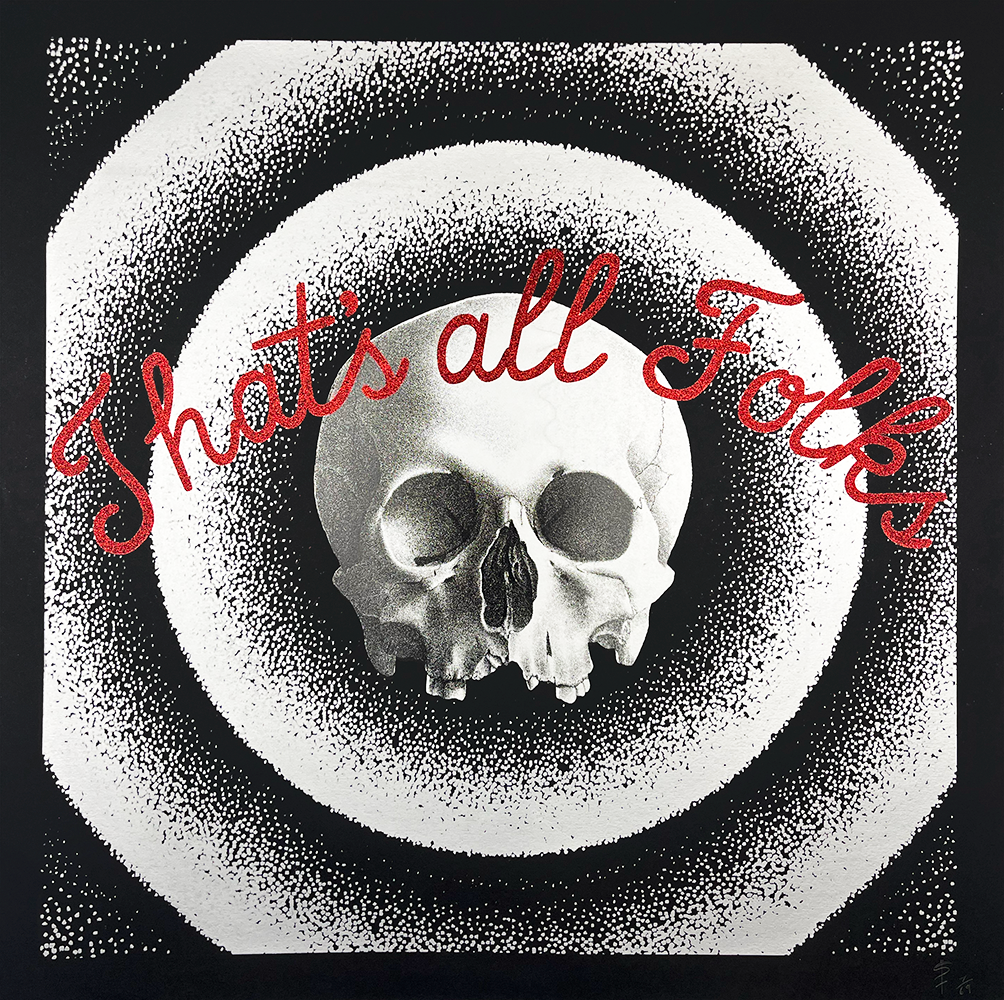 The artwork features a prominent skull positioned at the center, set against a dynamic backdrop of black and white swirling dots that create a hypnotic spiral effect. Boldly crossing this intriguing composition is vibrant red lettering that announces the product name, "That's All Folks - Large," in an eye-catching manner. The juxtaposition of colors and motifs delivers an impactful visual statement.