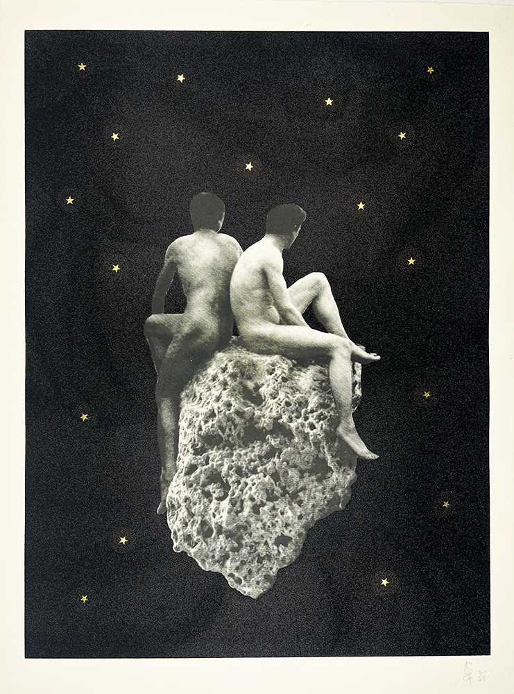 In this artwork, two nude figures sit back-to-back atop a substantial rock adrift in an endless, star-speckled void. Rendered in monochrome, these figures evoke a sense of eternal connection, embodying the sentiment "You and Me... Until the End of Time" as they ponder the vastness of the cosmos. Behind them, delicate golden stars are strewn across the dark expanse, adding a subtle sparkle to their timeless contemplation.