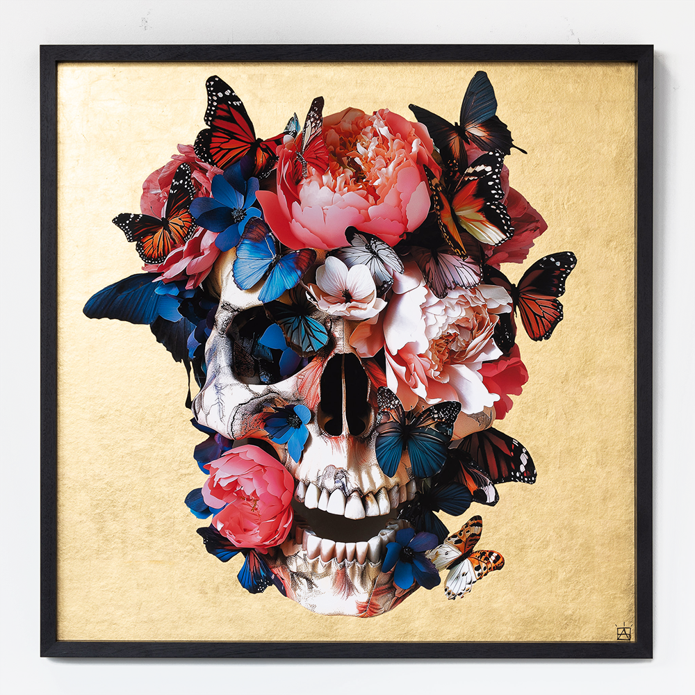 A decorative skull adorned with colorful flowers and butterflies, featuring peonies and various butterfly species against a gold background.