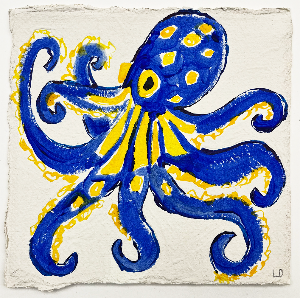 The Blue Octopus" is a masterful creation that enchants the observer with its dynamic interplay of color and texture. The artist skillfully weaves a tale through their medium, presenting a mesmerizing blue octopus that gracefully commands attention at the heart of the canvas. Delicate yellow highlights accentuate its form, adding depth and vibrancy to its depiction. Each tentacle undulates with an almost hypnotic swirl, creating a sense of movement that inspires awe and invites further exploration. The intricately textured white canvas serves as both contrast and complement, enhancing the visual impact while providing a serene backdrop that allows every detail of craftsmanship to shine through gloriously. This piece stands as a testament to both creative vision and technical prowess, inviting viewers to lose themselves in its oceanic allure.