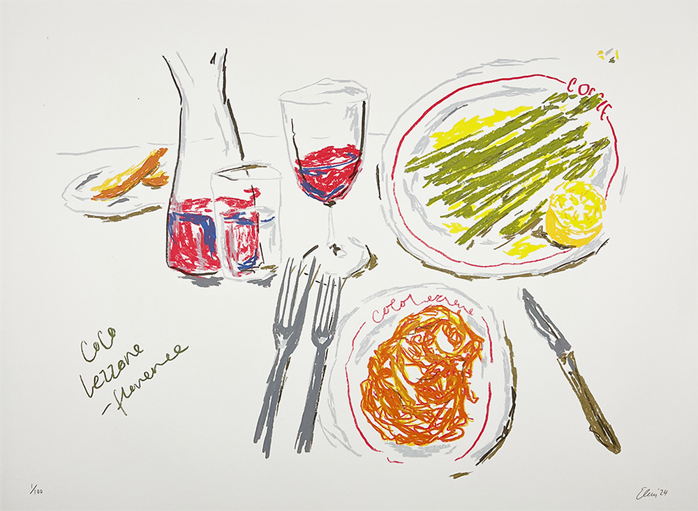 A lively artistic depiction captures the essence of a Tuscan feast at Trattoria Cocolezzone. The illustration features a beautifully arranged dish of asparagus drizzled with lemon, sitting alongside a hearty plate of pasta. A glass of rich red wine adds depth to the scene, while an assortment of utensils completes the table setting. Handwritten text reading "Cocolezione fiorentina" elegantly overlays the artwork, paying homage to the genuine charm that is uniquely Cocolezzone.