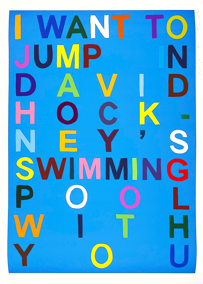 The artwork titled "I Want to Jump in David Hockney's Swimming Pool With You - Azure Blue" presents a vivid tableau where vibrant letters dynamically spell out the phrase against a luminous azure blue backdrop. Some of the characters playfully drift away from the central alignment, adding a whimsical and lively touch to the composition.