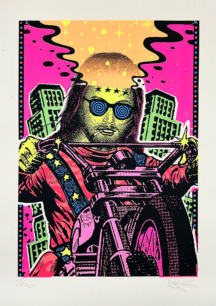 Colorful illustration of a motorcycle rider with spiral glasses and a glowing head, set against a city backdrop.