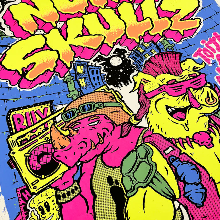 Teenage Mutant ninja turtle inspired 4 layer screenprint! Portrait the coolest daftest bad guys from the 80s; Bebop and Rocksteady.